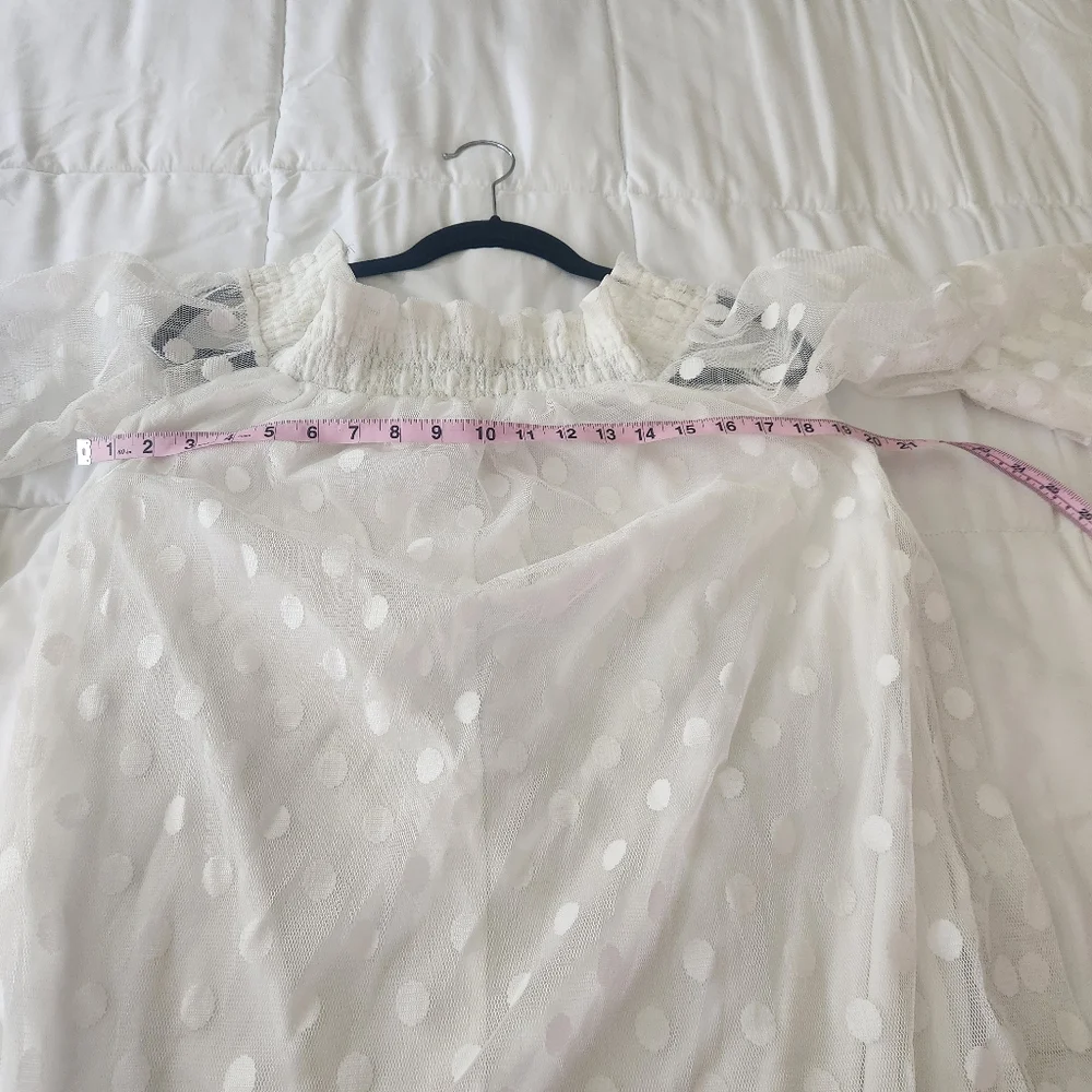 White polka dot bell sleeve dress. Stretchy collar that can be worn off shoulder - Picture 6 of 11